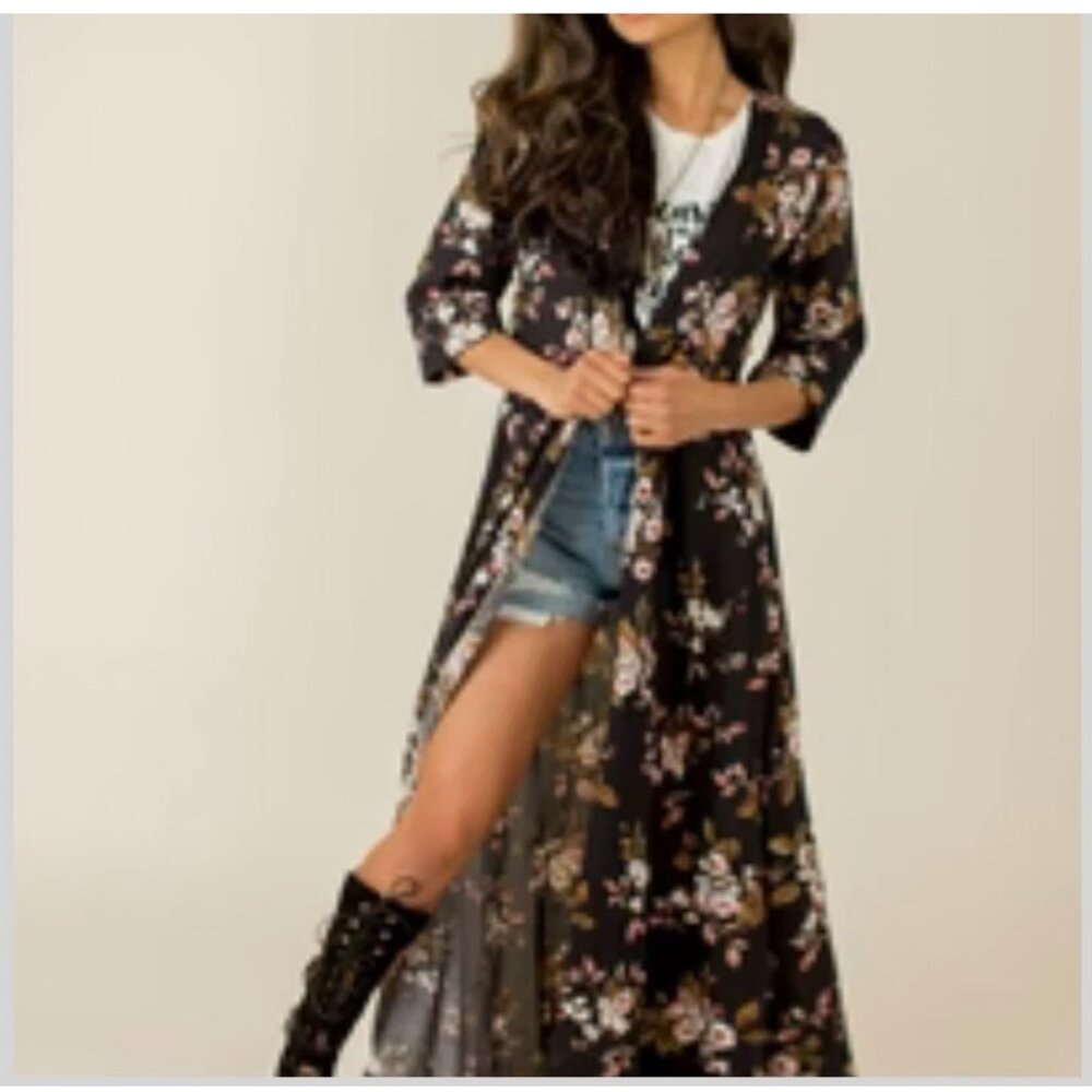 Mia Joy Joyfolie Kathleen Black Floral Duster Long Top Festival Boho Feminine